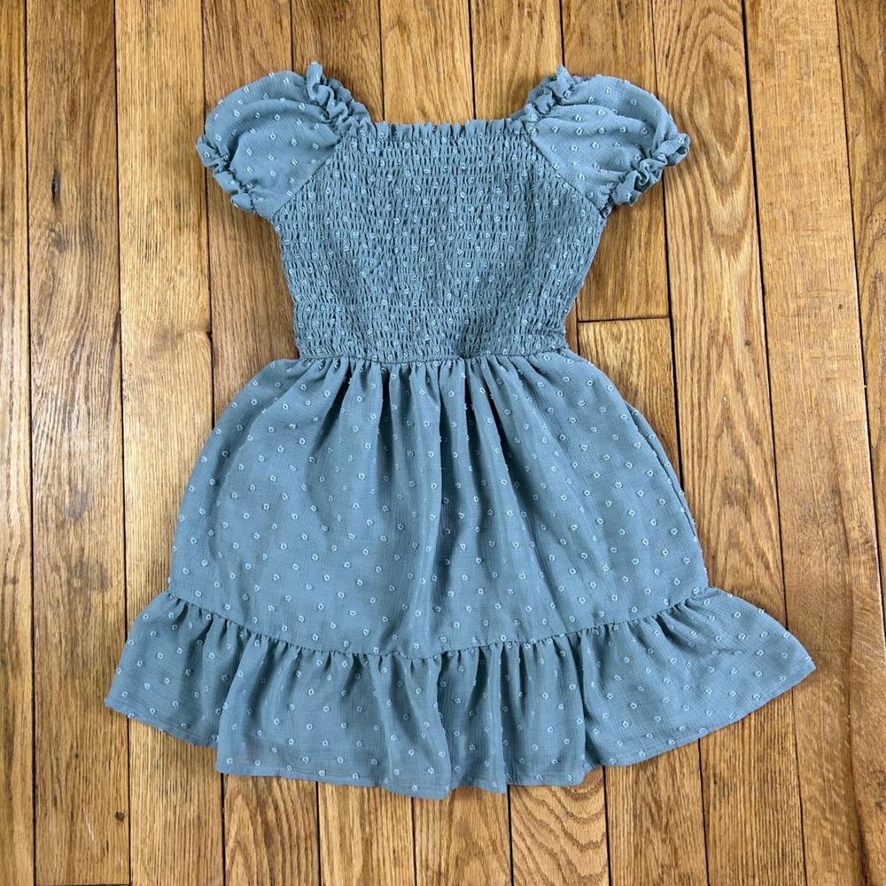 Jenna & Jessie‎ Girls Blue Swiss Dot Smocked Dress Size 8 Ruffle Hem